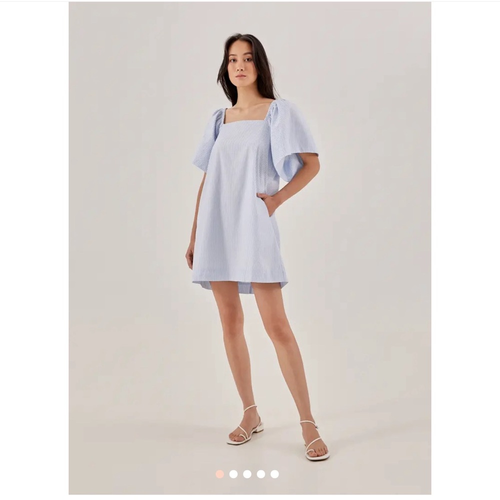 love bonito Lylah Pinstripe Trapeze Dress blue pockets‎ cotton coastal boho US 4